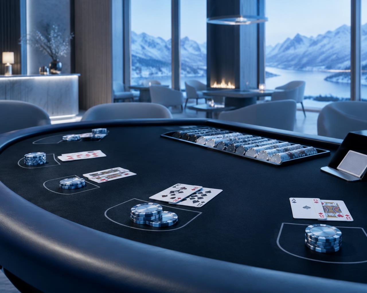 Blackjack-pöytä pelimerkkeineen talvisessa loungessa